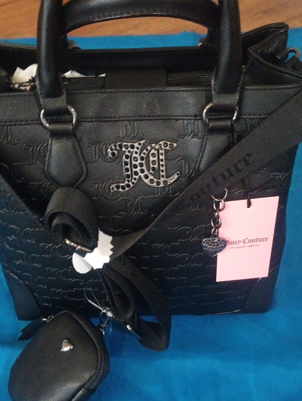 Juicy Couture Black Embossed Logo Tote with Charm and Crossbody Strap